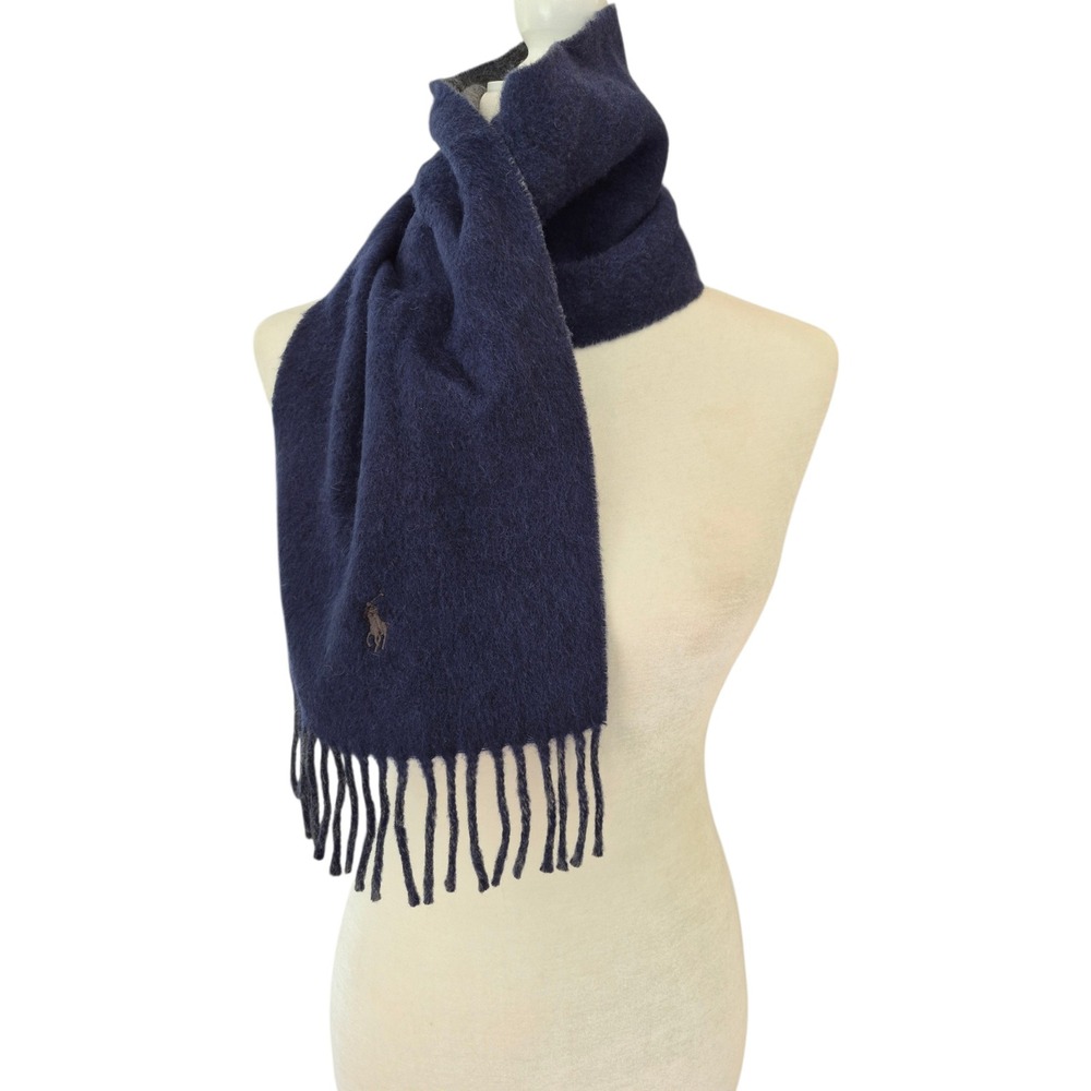 Polo Ralph Lauren Reversible Scarf Navy Blue Grey Virgin Wool ITALY 6F0205 NEW - Picture 2 of 10